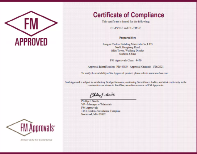 Международный CANLON |Мембраны CL-PVC/CL-TPO одобрены US FM